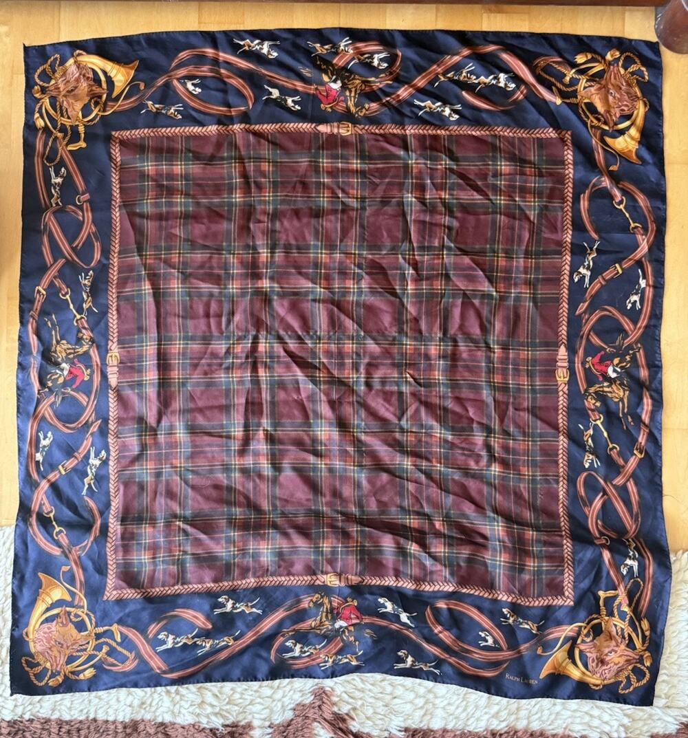 VTG Polo Ralph Lauren Fall Brown Tartan Equestrian Horse Fox Hunt Silk Scarf 35"